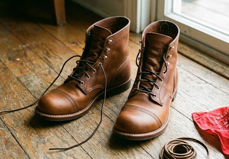 レッドウィングの紐を途中まで通している写真