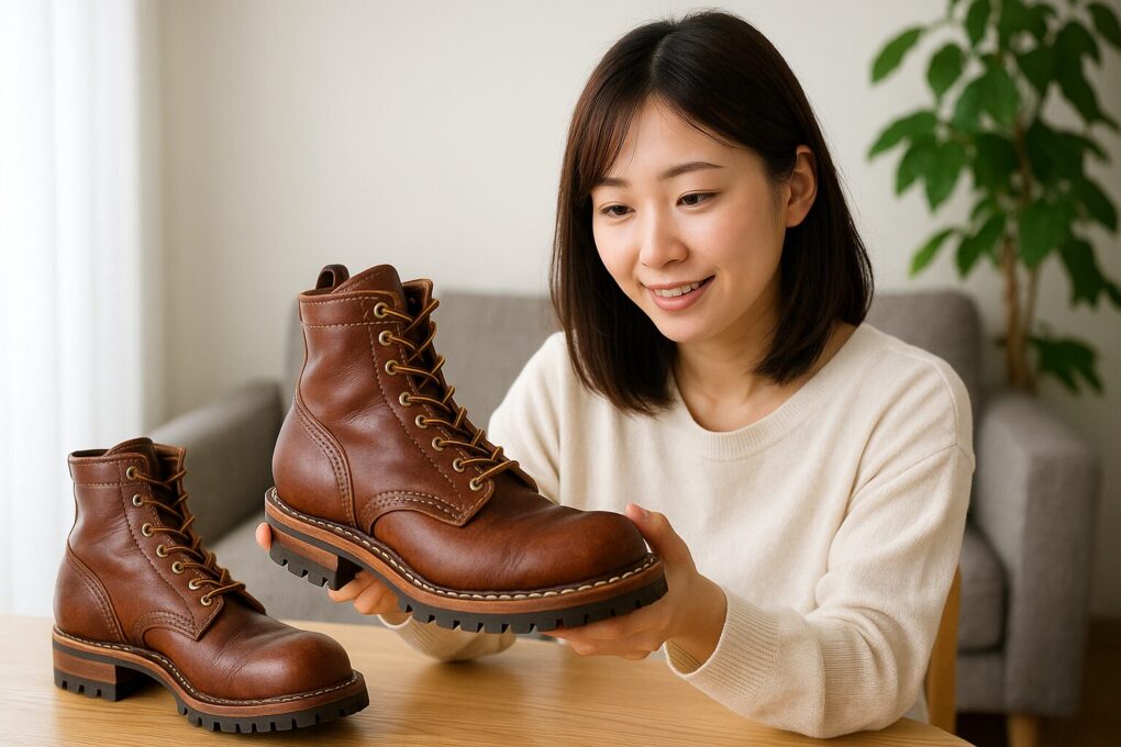 日本人女性が室内でホワイツブーツを手に取り、革質や作りを丁寧に確認している様子を撮影した写真