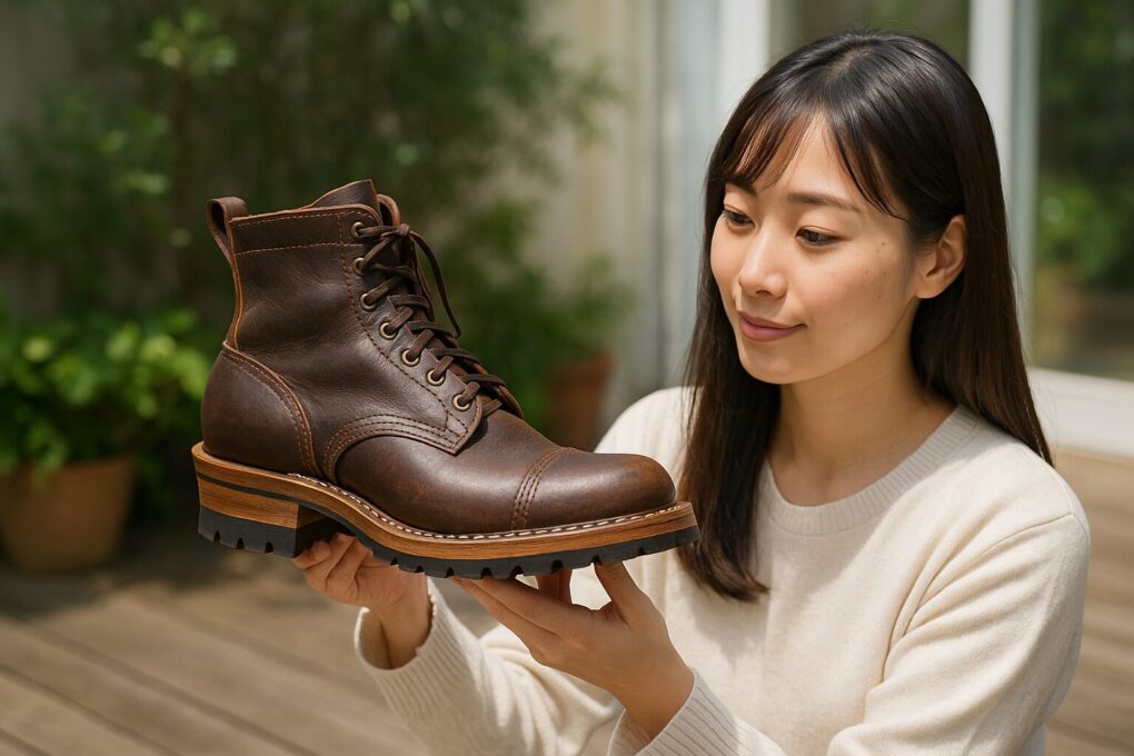ウッドデッキの上でホワイツブーツを手に持って観察している日本人女性。自然光が差し込む明るい屋外で、革の質感や手作り感がよくわかる構図。背景には緑の植物があり、全体的に清潔感と上質さが伝わる雰囲気の写真