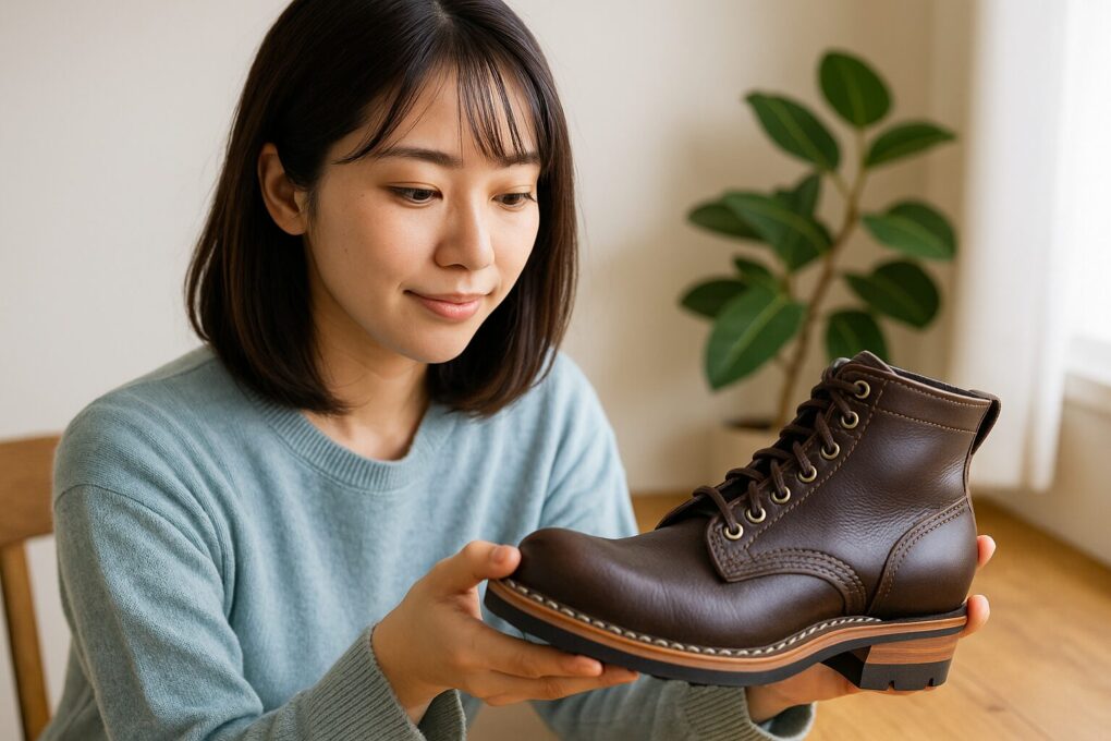 ホワイツブーツのアーチイーズ構造を手に取り観察している日本人女性。明るい自然光の差し込む室内で、革の質感とアーチ形状がよくわかる構図。背景はウッド調のテーブルと観葉植物で、清潔感と専門性が伝わる雰囲気