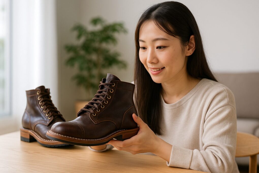 ホワイツブーツを手に取り、ソールの厚みやステッチ、革質を確認している日本人女性。明るい室内でテーブルの上にブーツが置かれ、価格が高い理由となる高級素材と丁寧な作りが伝わる構図