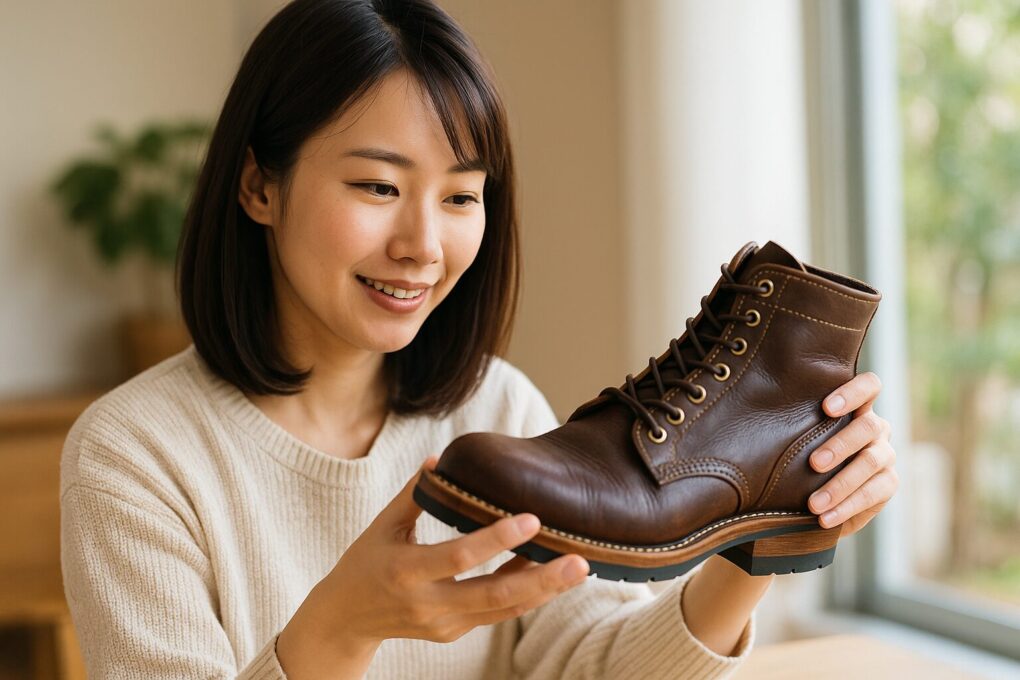 ホワイツブーツの革を両手で軽く曲げながら柔らかさと伸び具合を確認している日本人女性。明るい自然光が差し込む室内で、革の質感や経年による伸びの特徴がわかるように撮影された写真