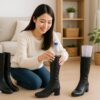 ロングブーツにペットボトルやクリアファイルを代用して収納を整えている日本人女性が、明るい部屋でブーツを並べて整理している様子