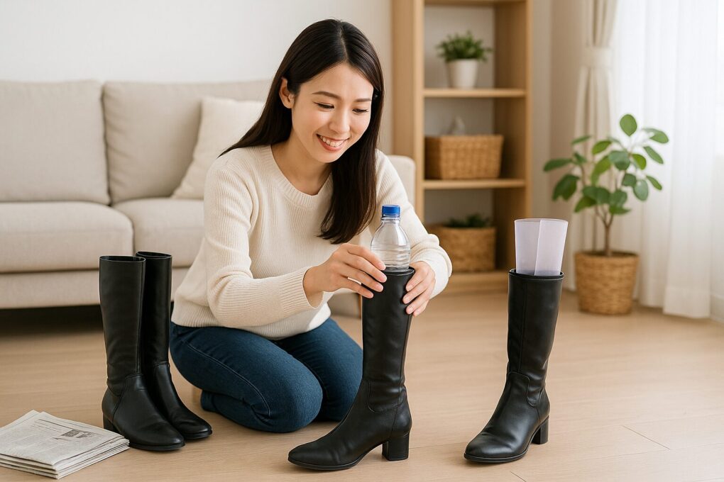 ロングブーツにペットボトルやクリアファイルを代用して収納を整えている日本人女性が、明るい部屋でブーツを並べて整理している様子