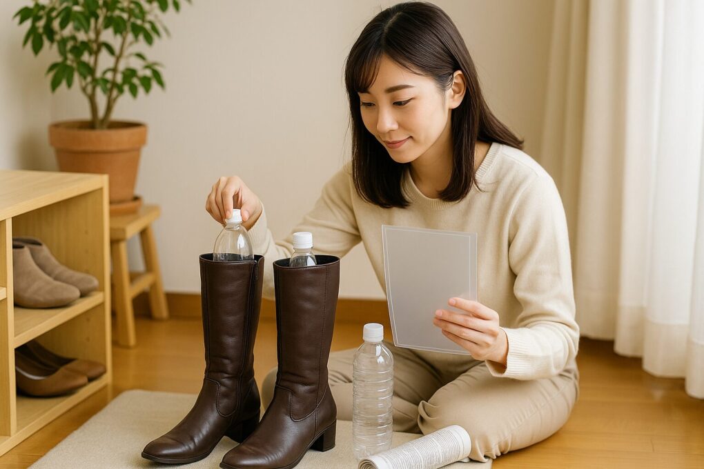 日本人女性がペットボトルやクリアファイルを使ってロングブーツを整えながら、ブーツキーパー代用の選び方を確認している様子