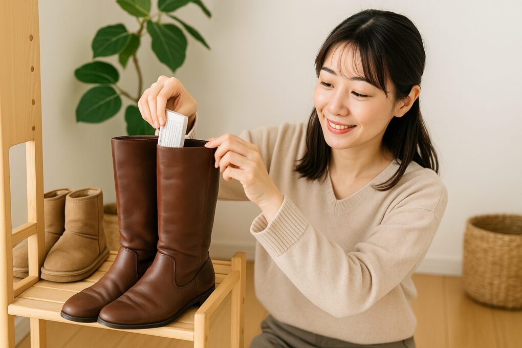 日本人女性が代用品を使ってブーツキーパー代用を行い、ロングブーツを丁寧に整えながら収納アイデアを実践している様子
