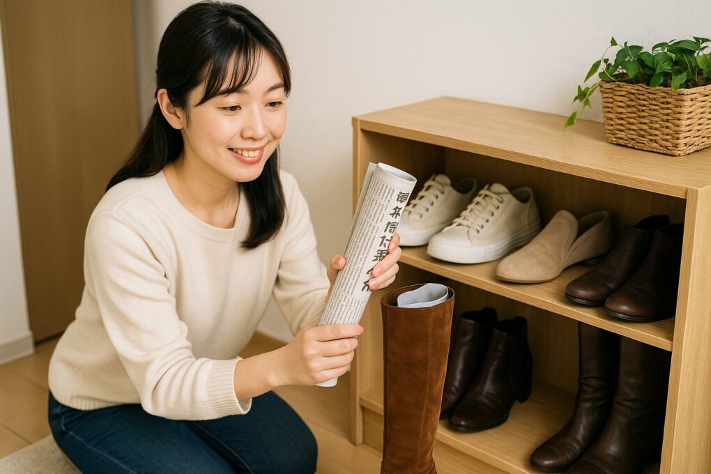 日本人女性が100均グッズとして用意した新聞紙を使ってロングブーツの形を整えながら、ブーツの保管方法を工夫している様子