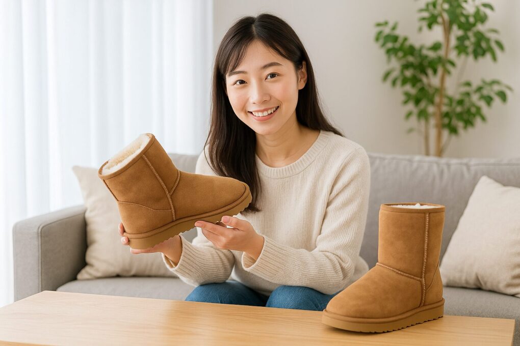 「ムートンブーツが大きい時の対処をイメージした、日本人女性がムートンブーツを手に持ちフィット感を確認しているシーン。明るく清潔感のある室内で撮影され、ブーツのサイズ調整を検討する様子が自然に伝わる構図。