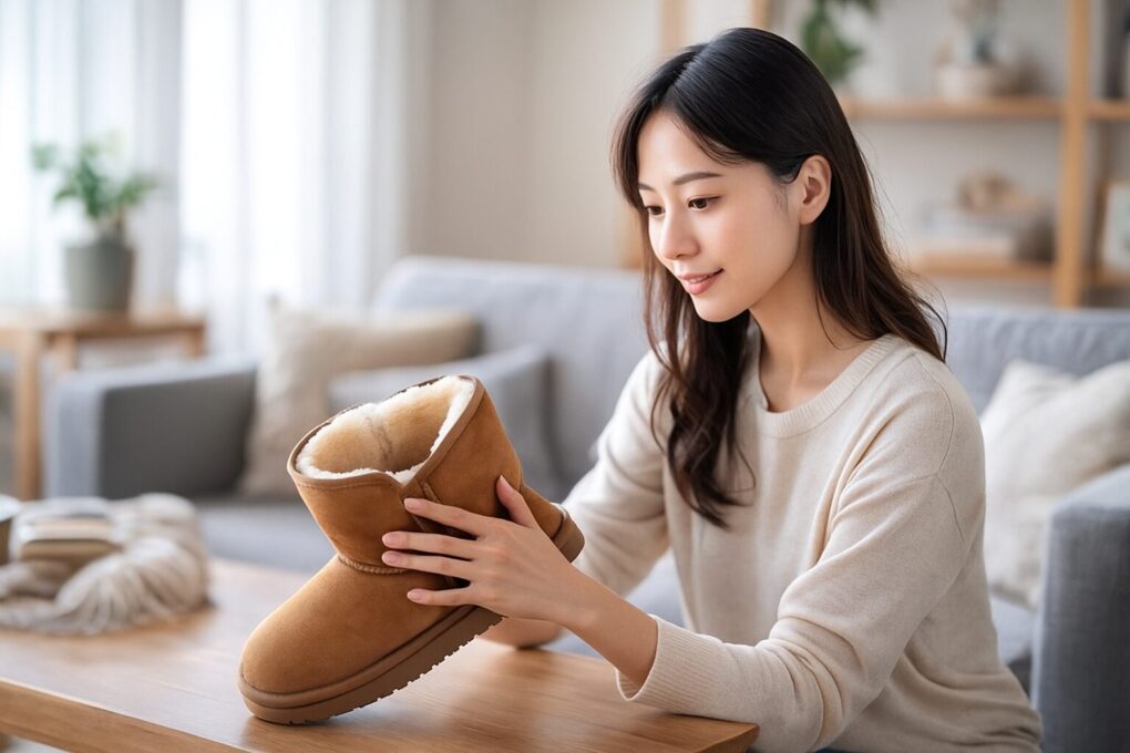 ムートンブーツが大きい時の対処を確認するため、日本人女性が室内でブーツのフィット感を丁寧にチェックしている様子を捉えた明るく清潔感のある写真