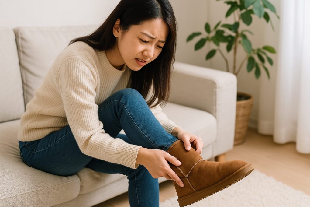 ムートンブーツのつま先がきつい原因をイメージし、日本人女性が自宅のソファでムートンブーツを履きながらつま先部分の圧迫を確かめている様子を捉えた清潔感のある写真