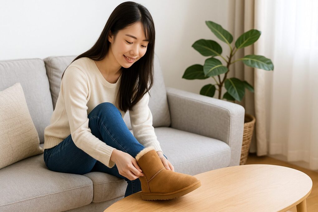 ムートンブーツが大きい時の対処と選び方をイメージし、日本人女性が明るい室内でムートンブーツのフィット感を丁寧に確認している様子を写した清潔感のある写真