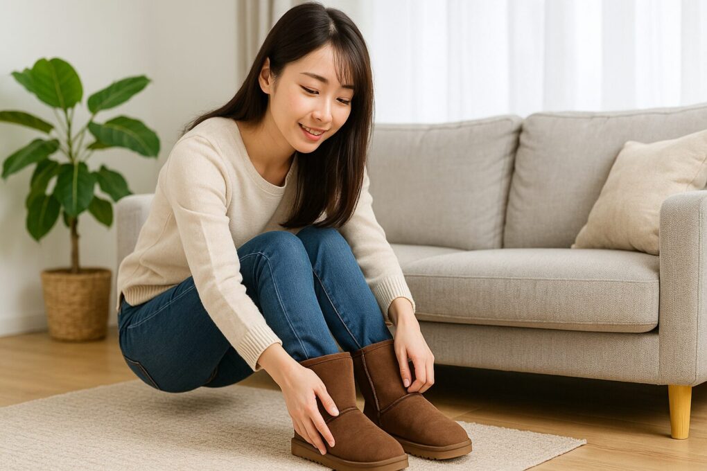 ブーツのサイズが大きい時の対処をイメージし、日本人女性が明るい室内でムートンブーツのフィット感を丁寧に確認している様子を写した清潔感のある写真