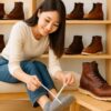 レッドウィングのブーツを大きめに履くサイズを選ぶため、日本人女性が足を測りながら店内でブーツを試着している様子。明るく清潔感のあるショップの棚にレッドウィングの靴が並ぶ横長構図。