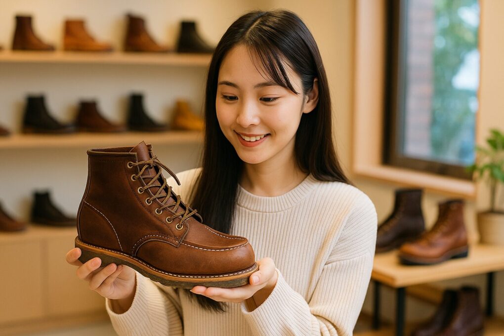 レッドウィングのブーツを大きめに履く基礎知識をイメージするため、日本人女性が店内でブーツを手に取りフィット感を確認している様子。明るく清潔感のある自然な雰囲気の横長16:9構図の写真。