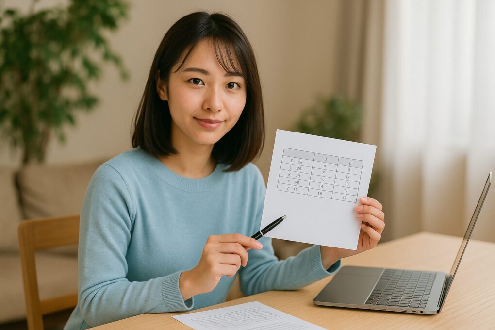 レッドウィングのワイズ表を確認するため、日本人女性が靴の幅を測る道具を使いながらブーツのフィット感をチェックしている様子。明るく自然な店内で撮影された横長16:9の写真。