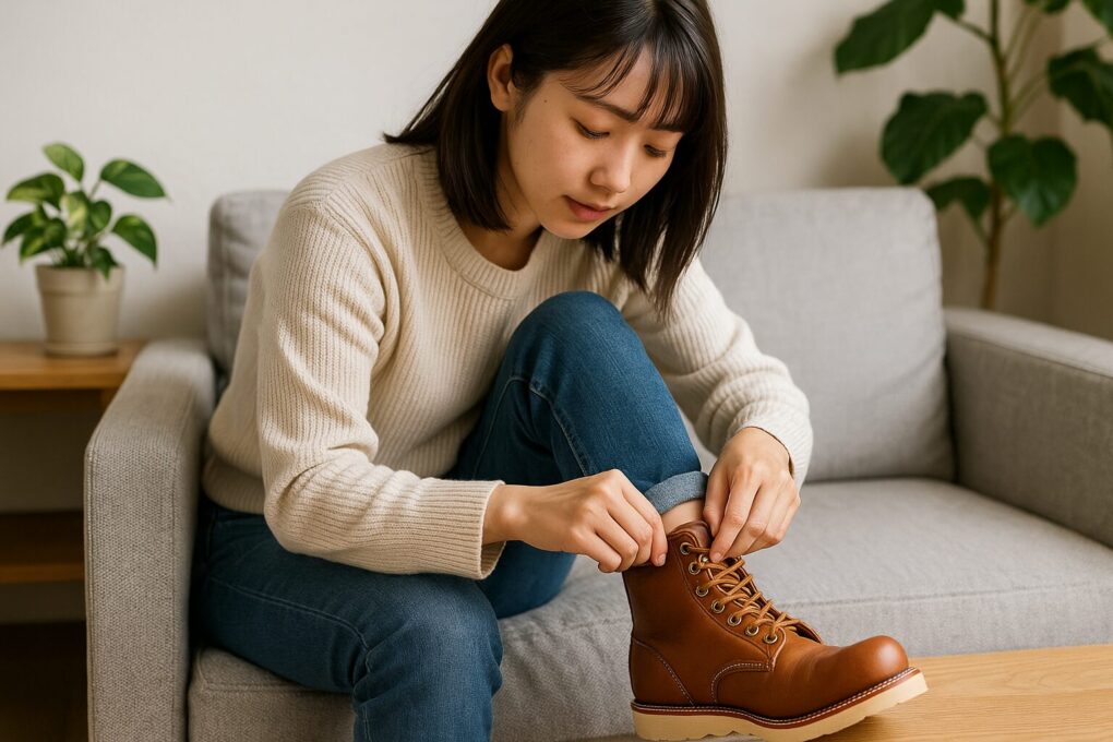 レッドウィングを快適に履くため、日本人女性が店内でブーツの紐を調整しながらフィット感を確認している様子。明るく自然な雰囲気の横長16:9写真。