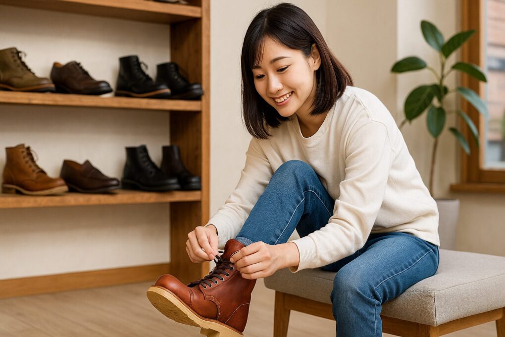 レッドウィングのベックマンのサイズ傾向をイメージするため、日本人女性が店内でベックマンブーツを手に取り、革の質感やサイズフィットを確認している様子。明るく清潔感のある横長16:9写真。