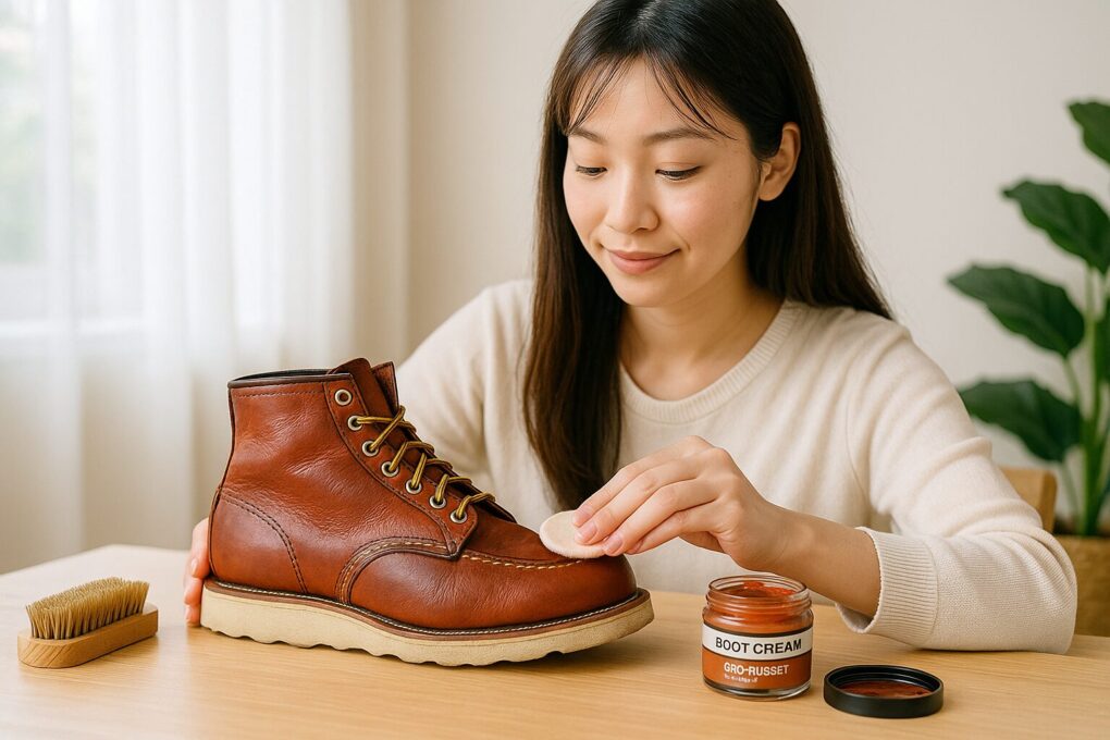レッドウィングのオロラセットブーツに補色クリームを丁寧に塗り込む日本人女性が、明るい室内で革の手入れをしている様子を写した写真。ブーツケアに必要なブラシやクリームも自然に配置され、清潔感と温かみのある雰囲気が伝わる。