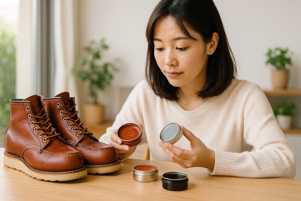 レッドウィングブーツの補色クリームを選ぶポイントを表現するため、日本人女性が明るい室内で複数のケアクリームを比較しながらブーツを前に置いて選んでいる様子。自然で清潔感のある16:9構図のリアルな雰囲気の写真。