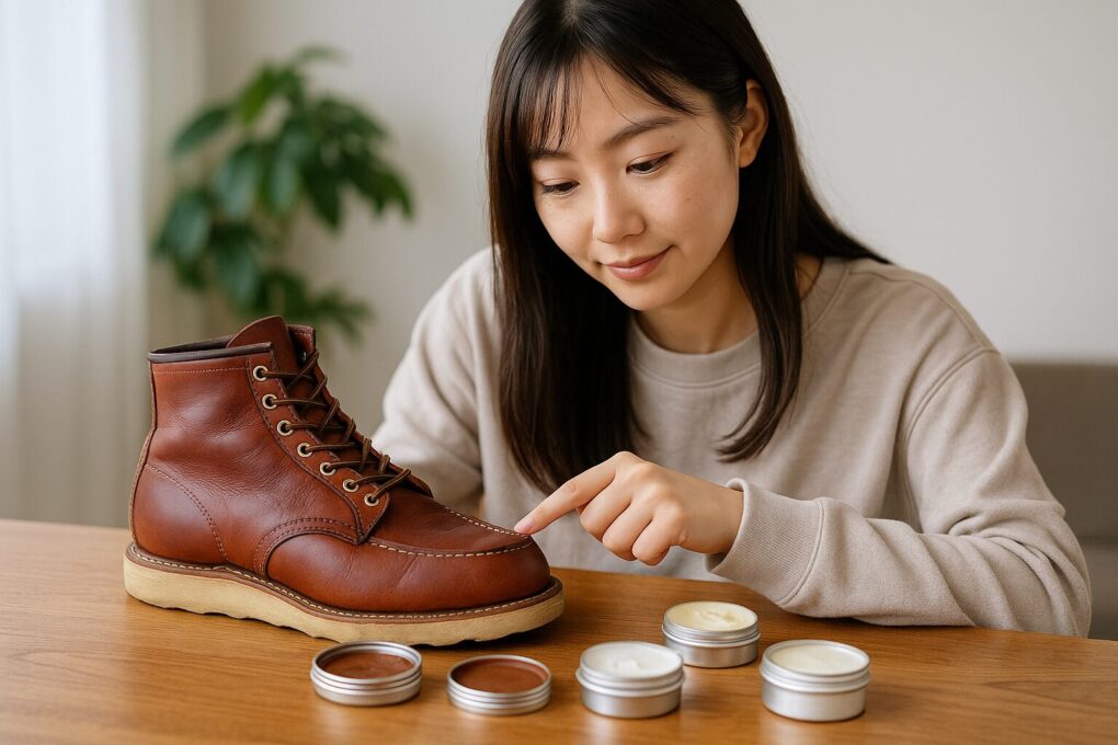 補色クリームがオロラセットに対応する理由を示すため、日本人女性が明るい室内でオロラセットブーツの革質を確認しながら複数の補色クリームを並べて選んでいる様子を撮影した16:9の写真。自然で清潔感のある雰囲気が伝わる。