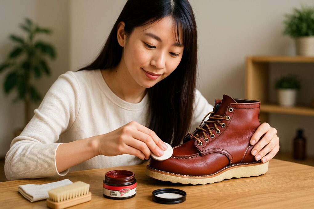 レッドウィングブーツに補色クリームを丁寧に塗り込む日本人女性が、明るく整った室内でケア用品を手元に並べながらメンテナンスをしている様子を捉えた16:9の写真。清潔感と自然な温かみが感じられる。