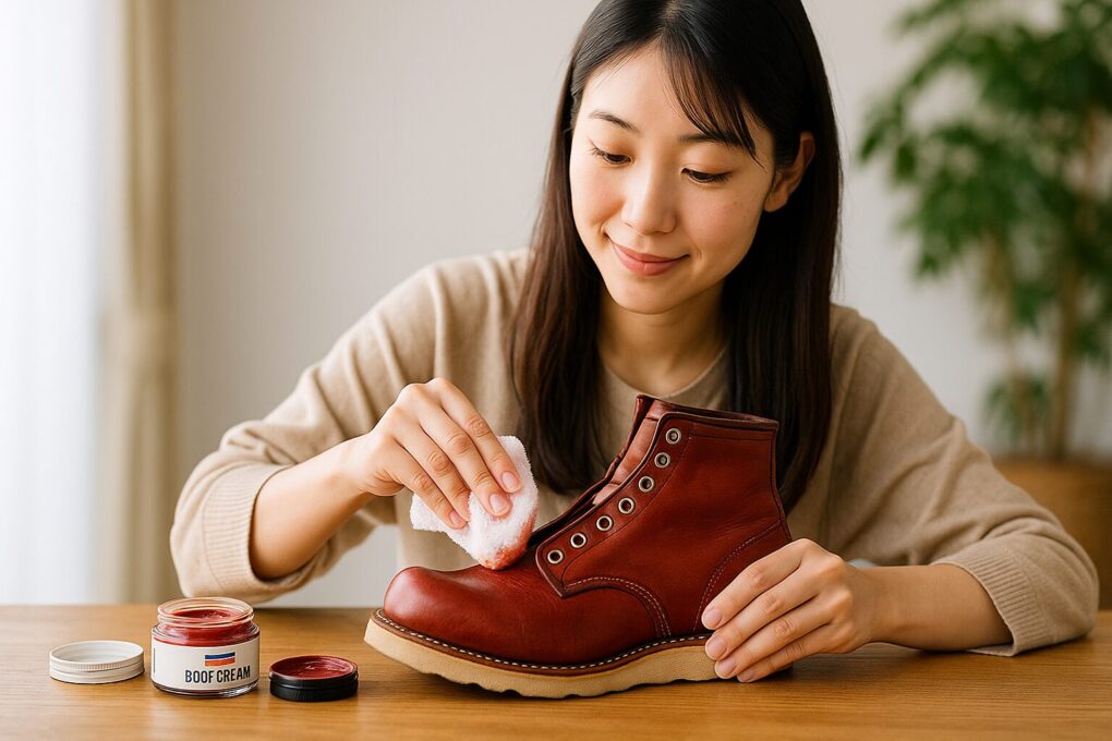 日本人女性が明るい作業スペースで革用クリームを使い、レッドウィングの赤茶系レザーを色変えを意識しながら丁寧に補色している様子を写した16:9の横長写真。背景は自然で清潔感のある室内。