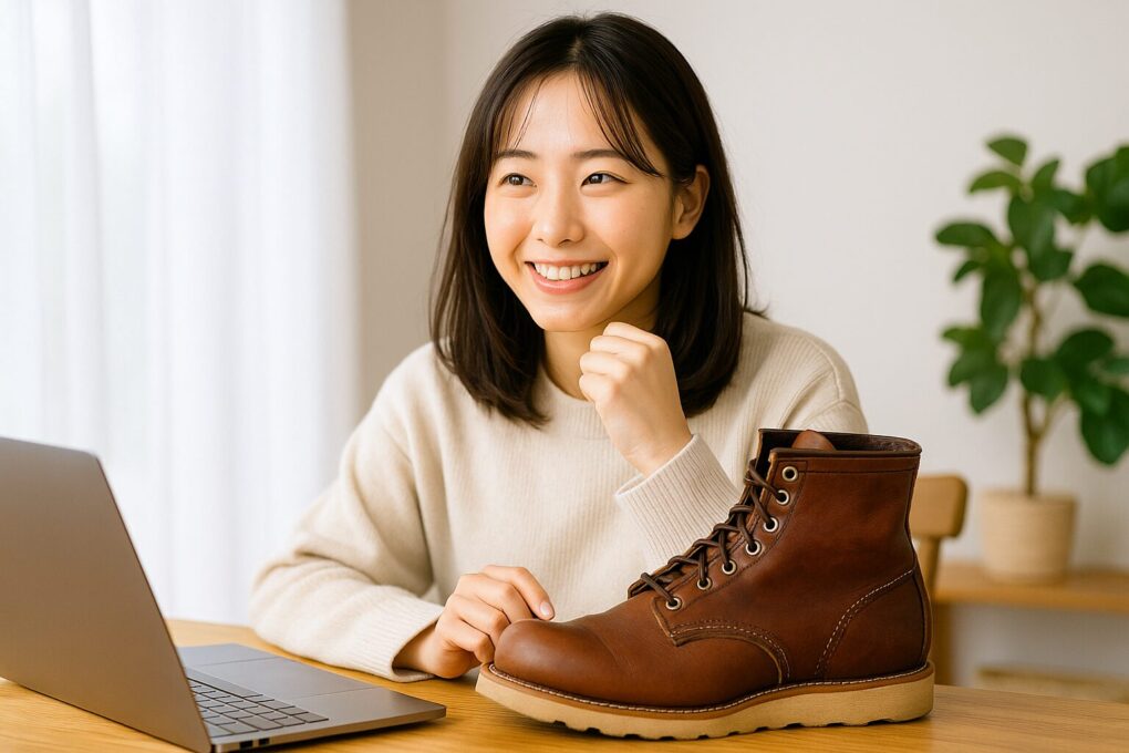 木のテーブルにブラウンのレッドウィング風ブーツを置き、その横でノートパソコンを前に微笑む日本人女性が座っている。明るい室内と観葉植物が背景にあり、ブーツをガンガン履く日常をイメージさせる清潔感のあるシーン。