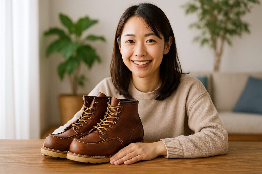 木製テーブルに置かれたブラウンのワークブーツと、それを横で眺める日本人女性が自然な笑顔を見せる清潔感ある室内シーン。