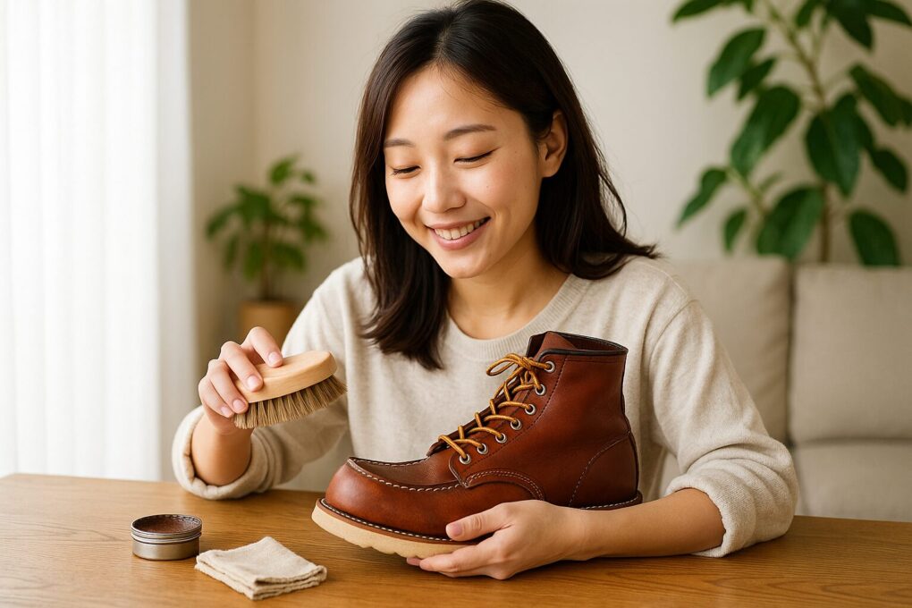 日本人女性が室内でレザーブーツをブラシで手入れしている様子を写した、明るく清潔感のあるメンテナンス風景。