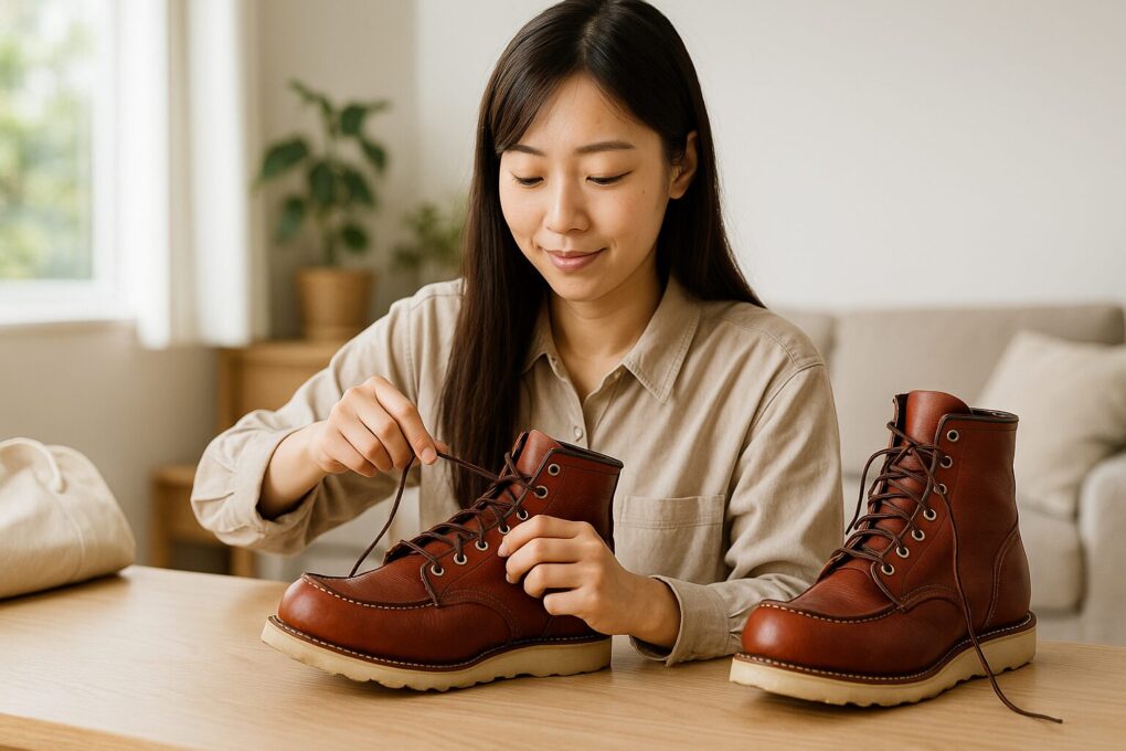 日本人女性がレッドウィングのブーツを手に取り、ケア用品と一緒に実践的なメンテナンス方法を確認している明るい室内シーン。