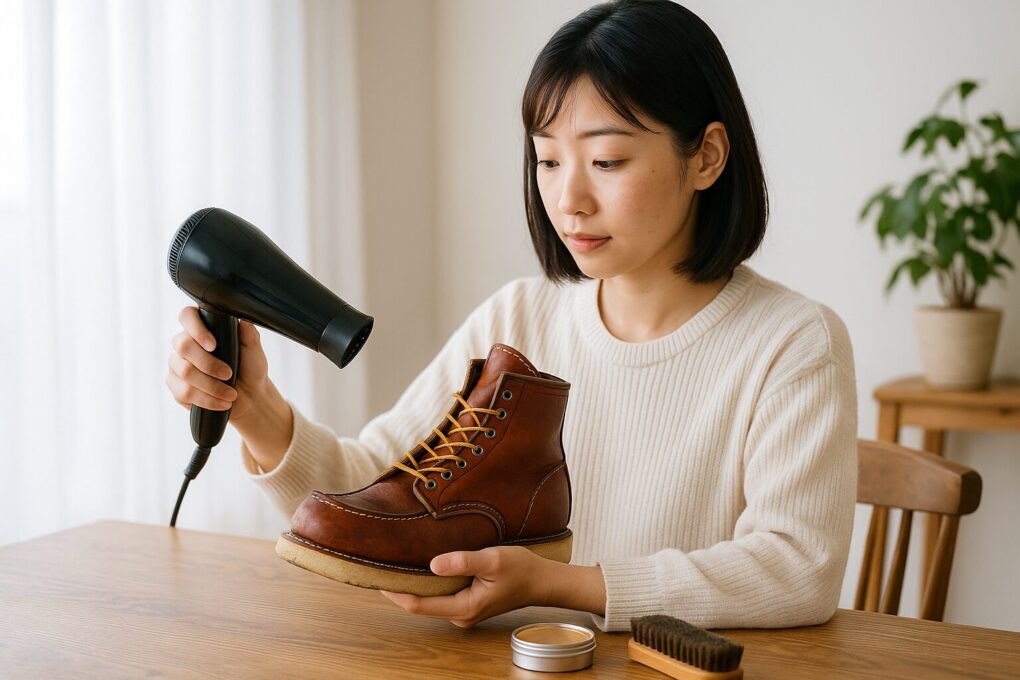 日本人女性が雨で湿ったブーツを乾燥させつつ、補修用のケア用品を用意して丁寧に作業している室内のシーン。