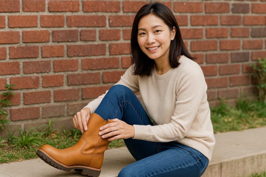 レンガ壁の前の歩道に座った日本人女性が、デニムパンツにキャメル色のペコスブーツを履きながら笑顔でこちらを向いている、ペコスブーツの履き方ガイド用イメージ画像