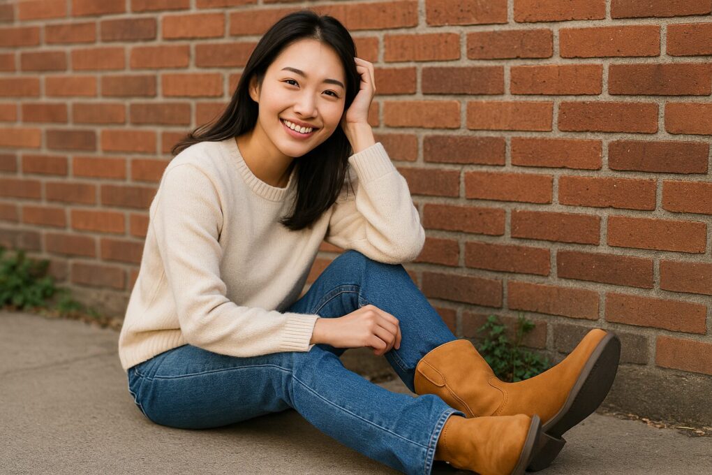 ペコスブーツを履いた日本人女性が明るい街角で立ちながらポーズをとっている、履き方基礎をイメージした写真