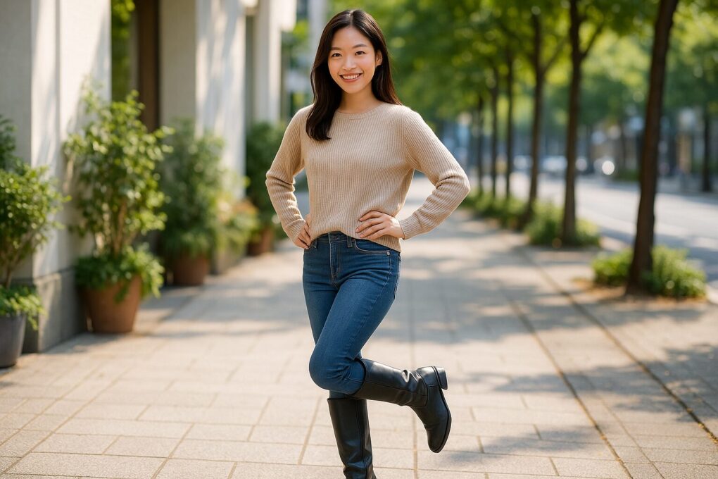 細身のデニムをブーツインした日本人女性が街角で自然に立ち、ペコスブーツをきれいに見せている様子を写した写真