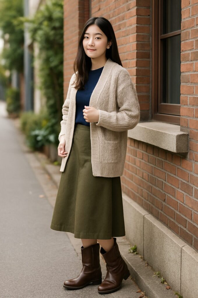 ペコスブーツを履いた日本人女性がレンガ壁の前で自然に立ち、応用的な履きこなしを落ち着いた雰囲気で見せている写真