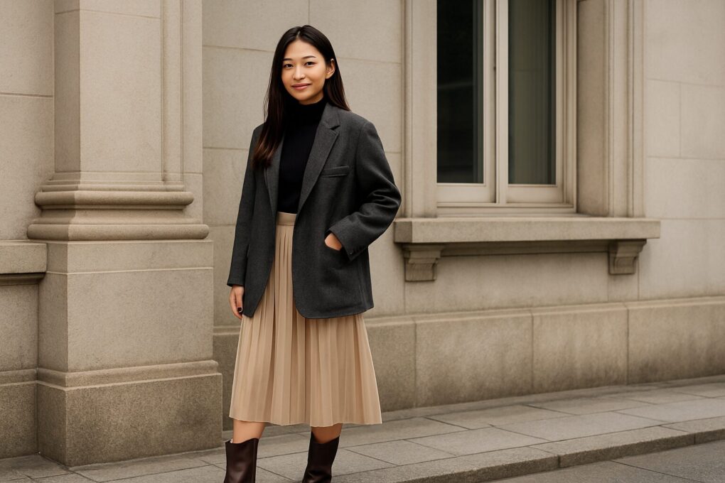 街中の石造りの建物前で、黒いタートルネックとグレーのジャケット、ベージュのプリーツスカートにブラウンのブーツを合わせた日本人女性が自然に立っている様子