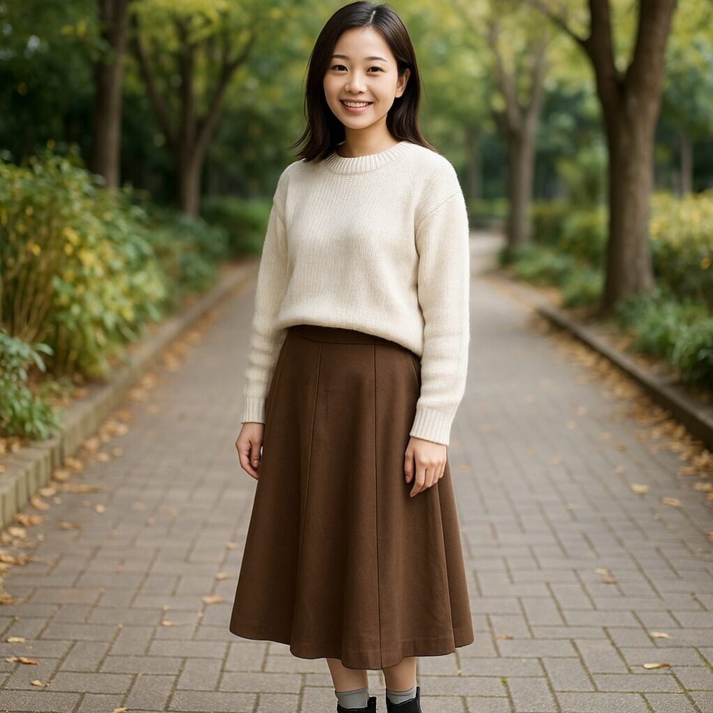 木漏れ日の遊歩道で、日本人女性が黒いショートブーツと、履き口から数センチだけ見える薄いグレーの靴下を合わせて立っている様子を写した写真。