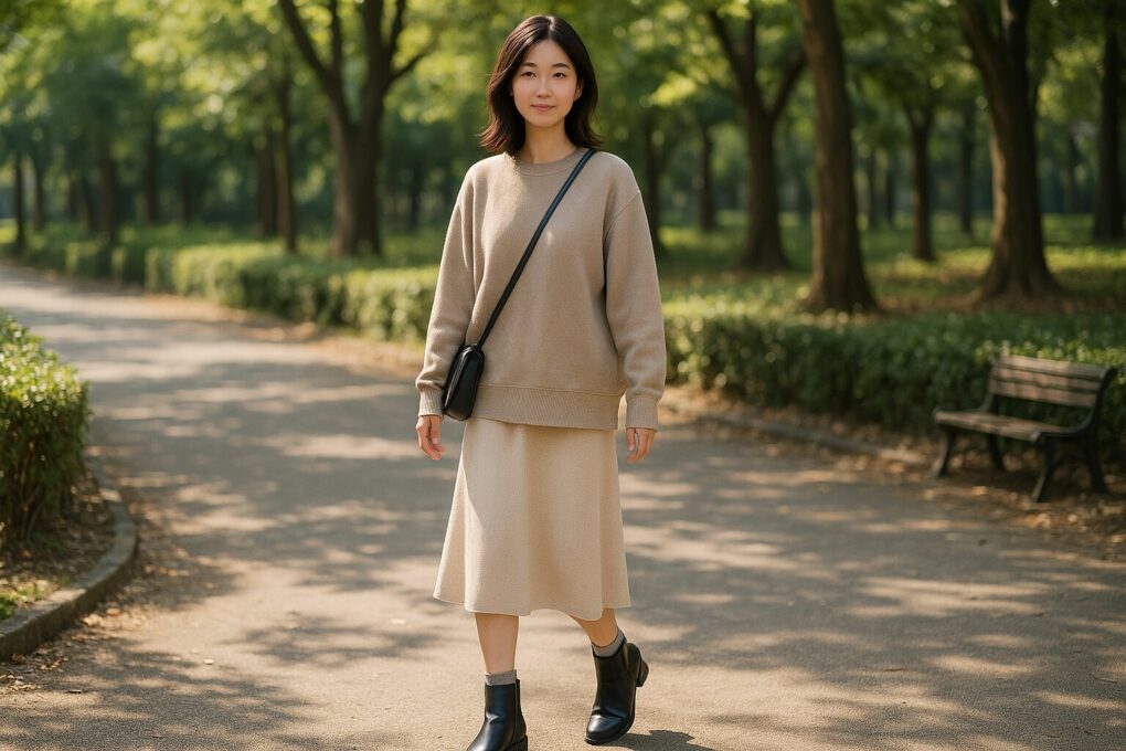 公園の小道で、日本人女性がベージュのトップスとスカートに黒のショートブーツを合わせ、淡いグレーの靴下を少しだけ見せて全体のバランスを整えたコーディネートをしている様子。