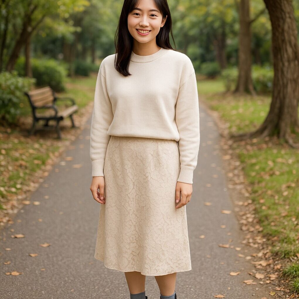 公園の小道で、日本人女性が黒のショートブーツから薄いグレーの靴下を数センチ見せ、柔らかい色味のトップスとスカートでバランスよくまとめた実践的なコーディネートをしている様子。