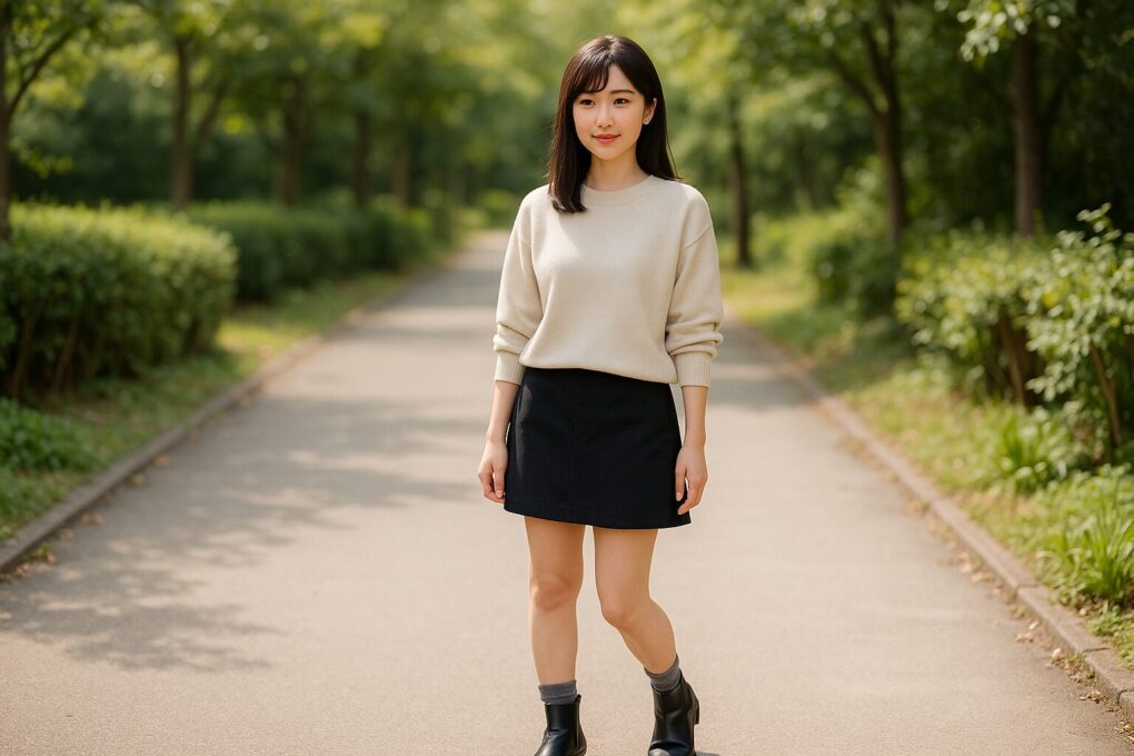 公園の小道で、日本人女性がシンプルな淡色ニットと黒のスカートに黒ショートブーツを合わせ、靴下を少しだけ見せてバランスよくまとめたコーディネートをしている様子。