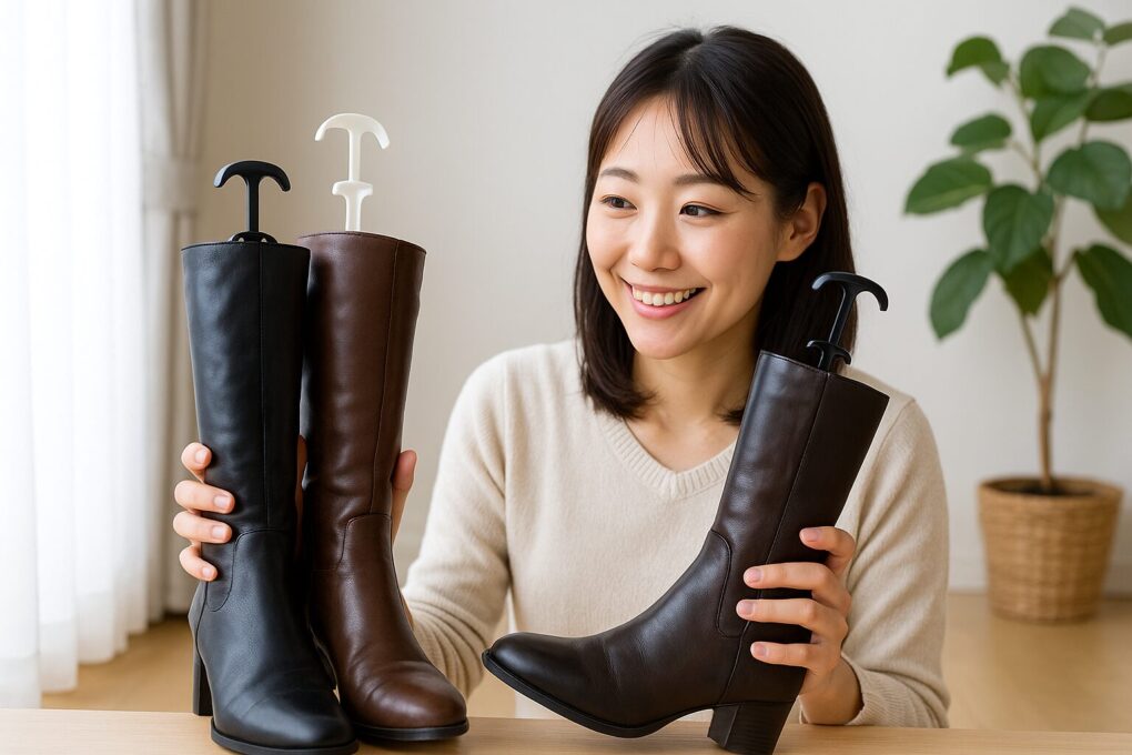 明るい室内で、日本人女性が黒とブラウンのロングブーツをテーブル上に並べ、100均のブーツキーパーを比較しながら手に取っている自然なシーン。背景には観葉植物と柔らかい光が差し込む窓があり、清潔感のある雰囲気。