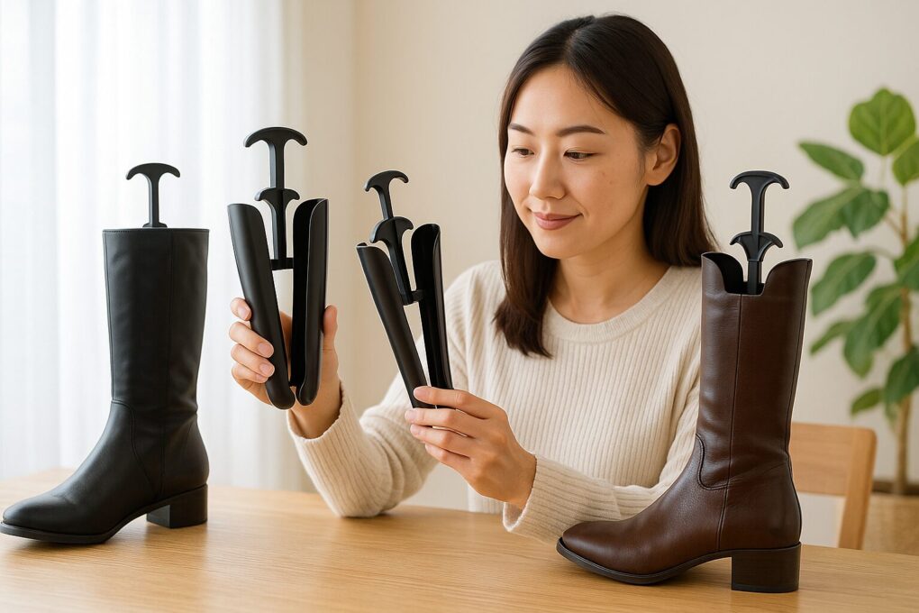 明るい室内で、日本人女性が黒とブラウンのロングブーツにキャンドゥのブーツキーパーを差し込みながら比較している様子。テーブル上に並んだブーツと観葉植物が自然で清潔感のある雰囲気を作っている。