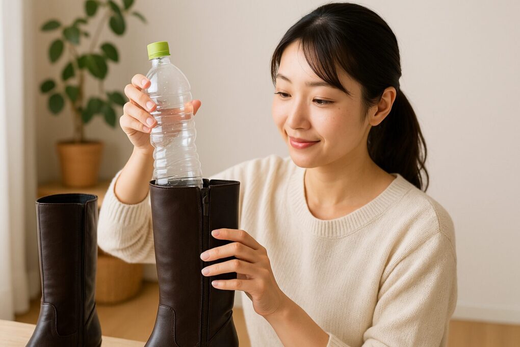 日本人女性が明るい室内で、空のペットボトルをロングブーツの筒に差し込み、ブーツキーパーとして代用している様子。背景には観葉植物があり、清潔感のある自然な雰囲気。