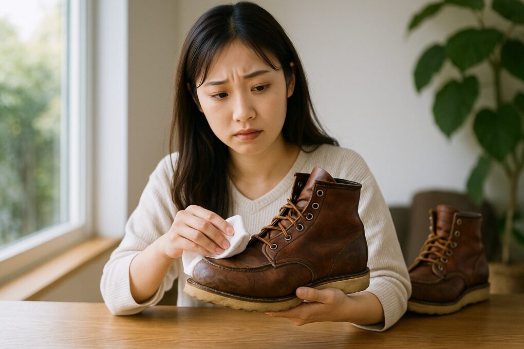 レッドウィング風の茶色いレザーブーツを手に取り、手入れをさぼって傷んだ様子を気にしながら布で拭いている日本人女性が、明るい室内のテーブルで悩ましげな表情を浮かべている横長写真