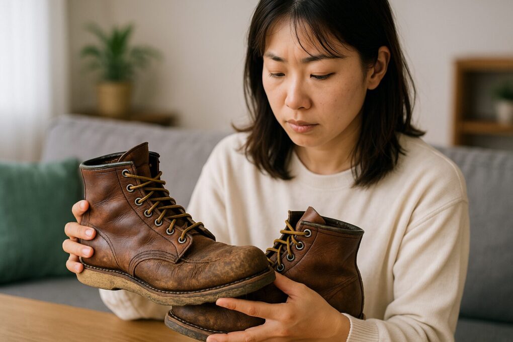 手入れされず経年変化が進んだレッドウィングのブーツを、日本人女性が明るい部屋で心配そうに確認している様子