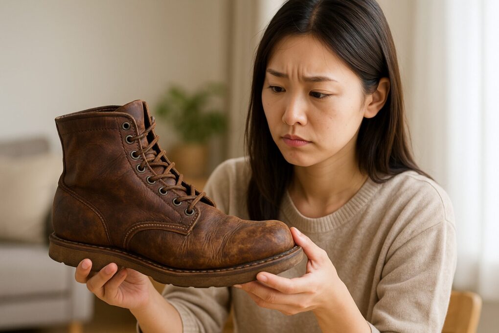 手入れされず劣化が進んだレッドウィング風の革ブーツを、日本人女性が明るい室内で心配そうに確認している様子
