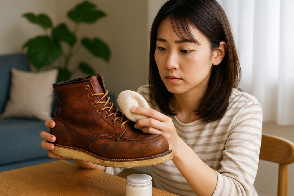 レッドウィング風の革ブーツを前に、日本人女性が手入れの頻度を考えるように見つめている様子を明るい室内で写した写真