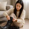 ロングブーツのチャックがふくらはぎ部分で閉まらず、日本人女性がリビングの床に座って黒いロングブーツのファスナーを両手で引き上げようとしている場面の写真風イメージ