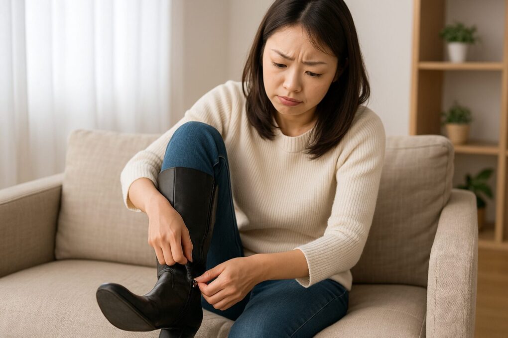 ロングブーツのチャックが閉まらない原因を象徴するように、日本人女性がリビングのソファで黒いロングブーツのファスナーを上げようと苦戦している様子を写した横長の写真風イメージ