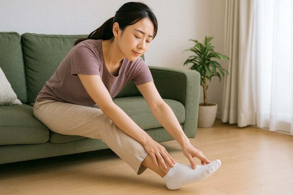 日本人女性がリビングでふくらはぎを伸ばすストレッチをしている場面。ソファの前で足を伸ばし、つま先に手を添えてゆっくり伸ばしている様子を自然に写した横長の写真風イメージ